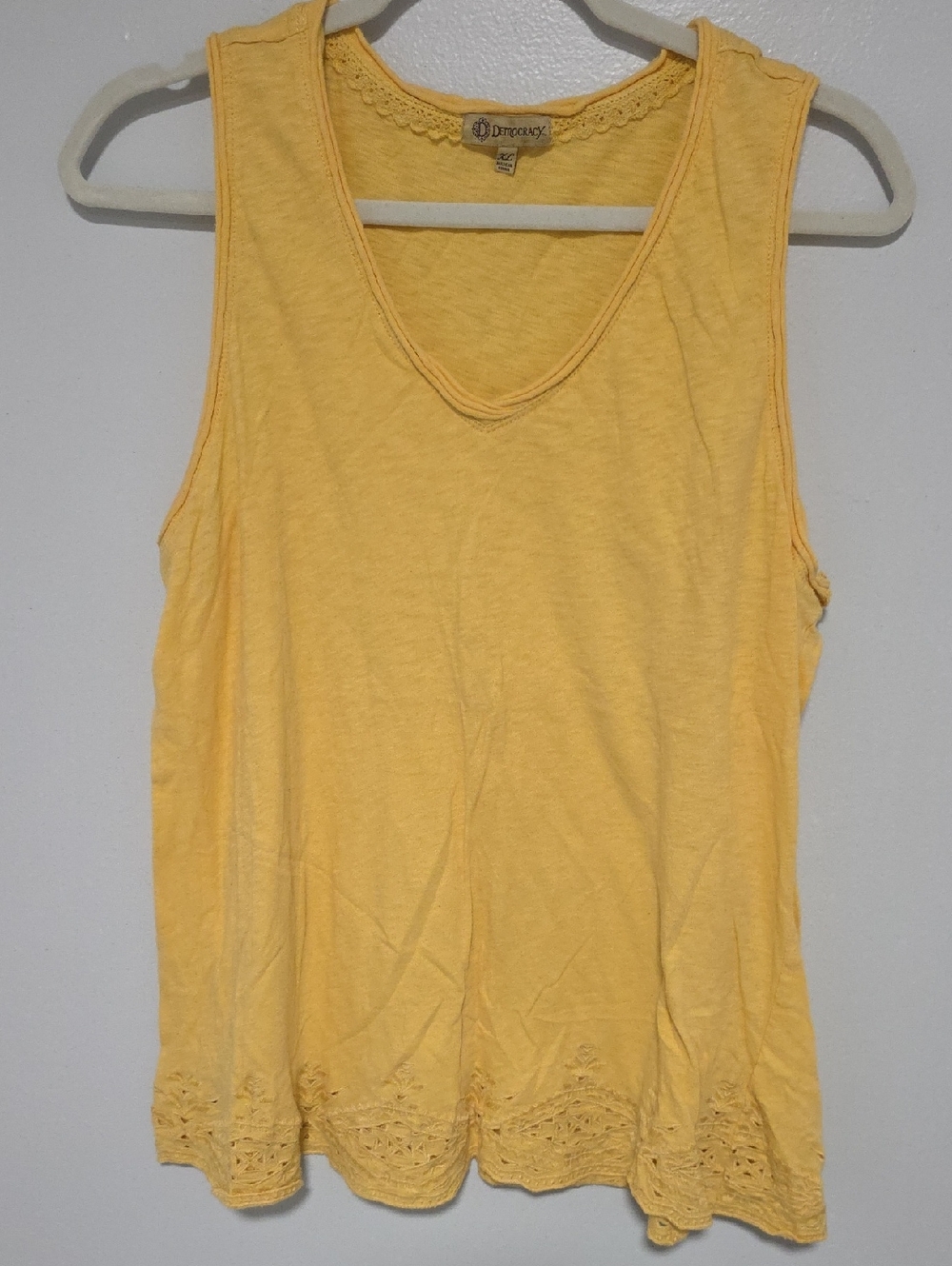 Womens Butter Yellow Democracy Vneck Cotton Laser Cut HemTank XL